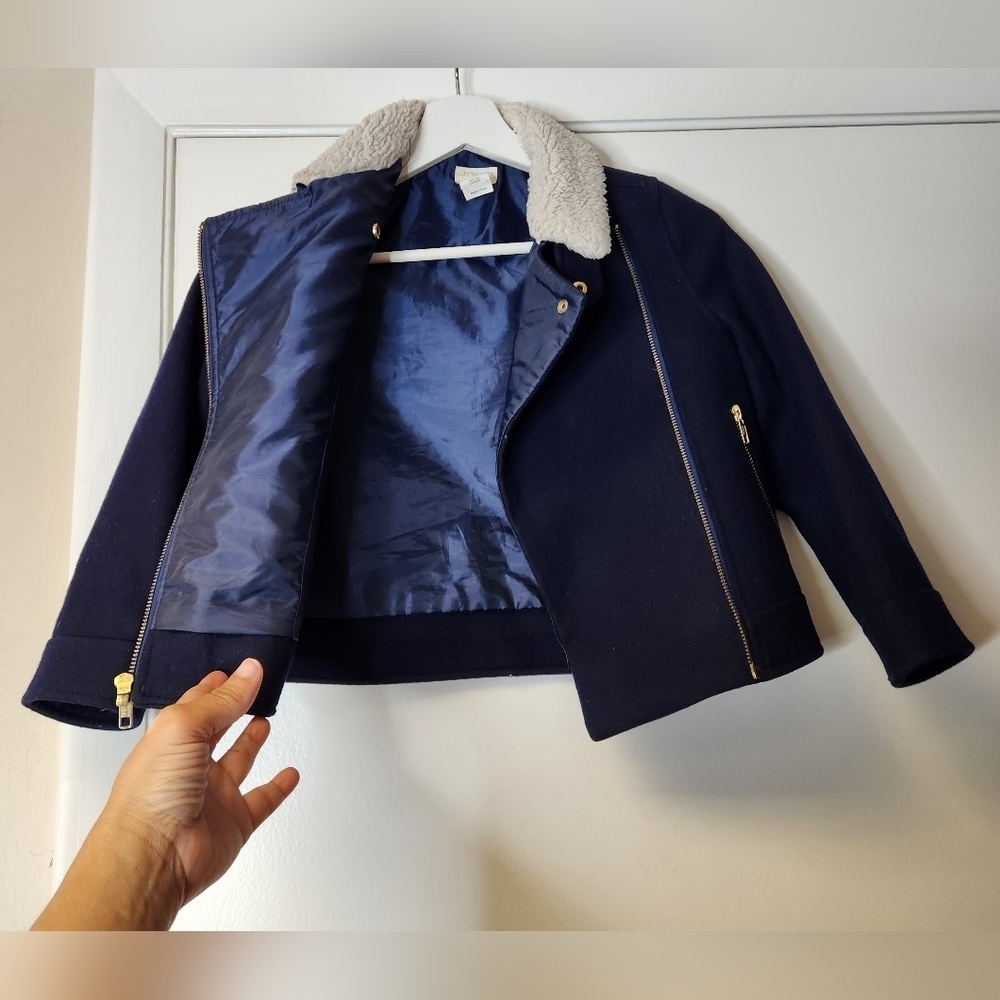 J.Crew Crewcuts Wool Blend Moto Jacket Navy Gold Hardware Sherpa Fur Collar 6-7 - Picture 6 of 16